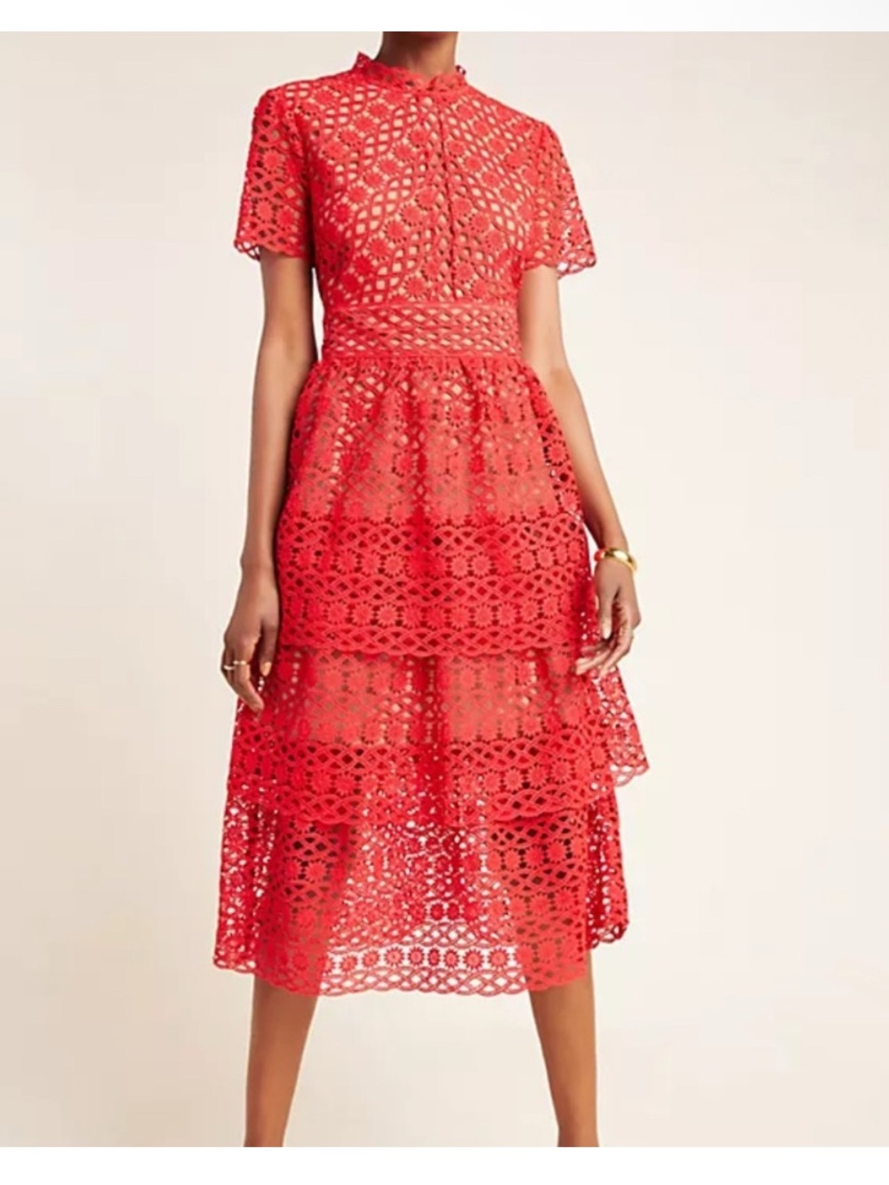 Net Hailee C from Anthro Scalloped Eyelet Tiered Midi Dress in Red